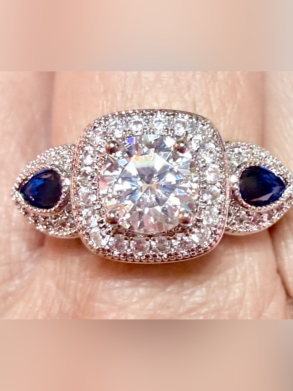 New Moissanite Halo Ring with 1 CT Center Stone Pave' and Blue Accent Gems
